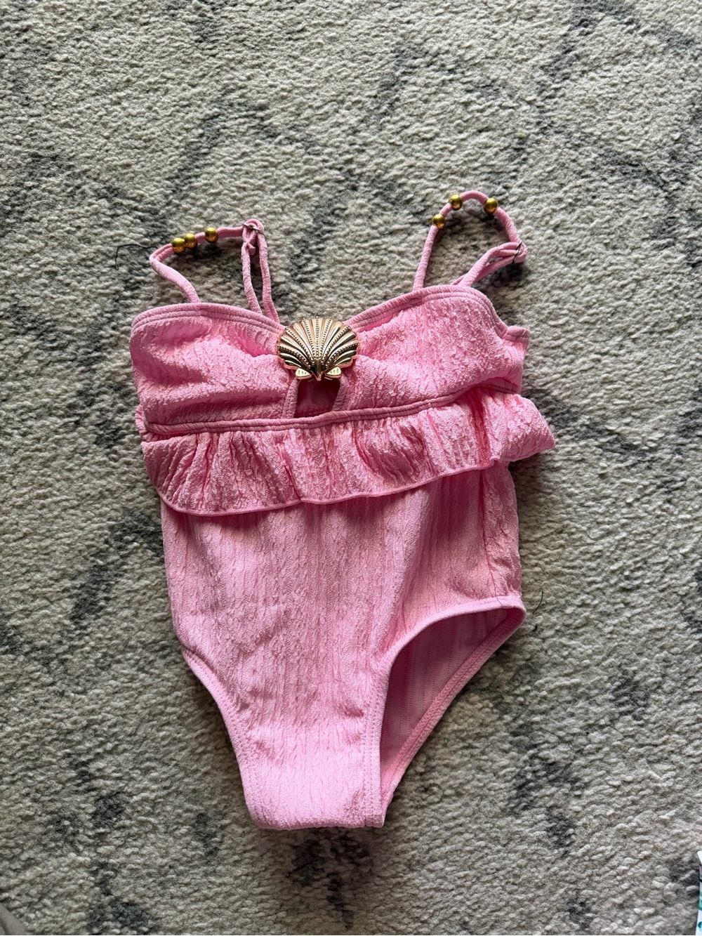 SHEIN Pink Ruffle One-Piece Swimsuit with Shell Charm
